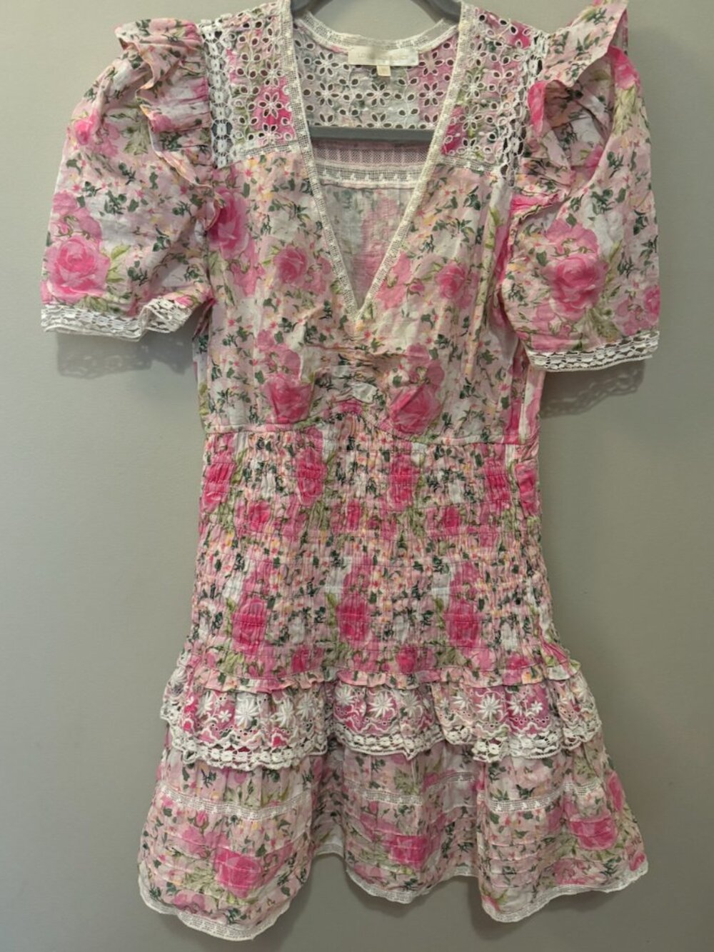 LoveShackFancy Rena Cotton Lace Trim Smocked Dress Pink with Lace Details